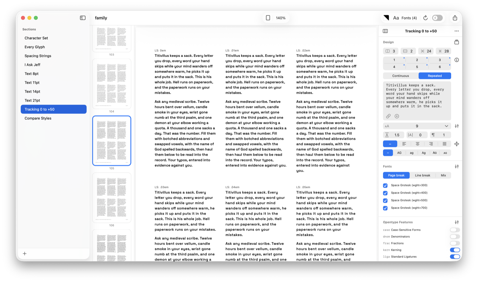 Authoring the example proof in Hellbox: sections for character set, spacing strings, reading sizes, and a tracking test