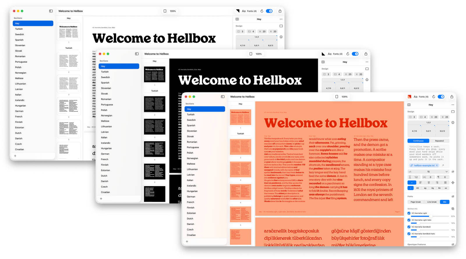 The same proof in three appearance modes: Light, Dark, and a custom orange-on-coral