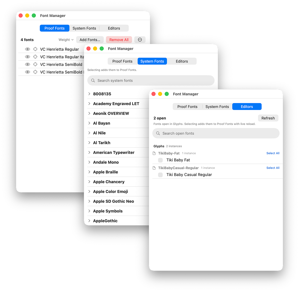 The Font Manager's three tabs: the proof's fonts, the system library, and live fonts open in your editor