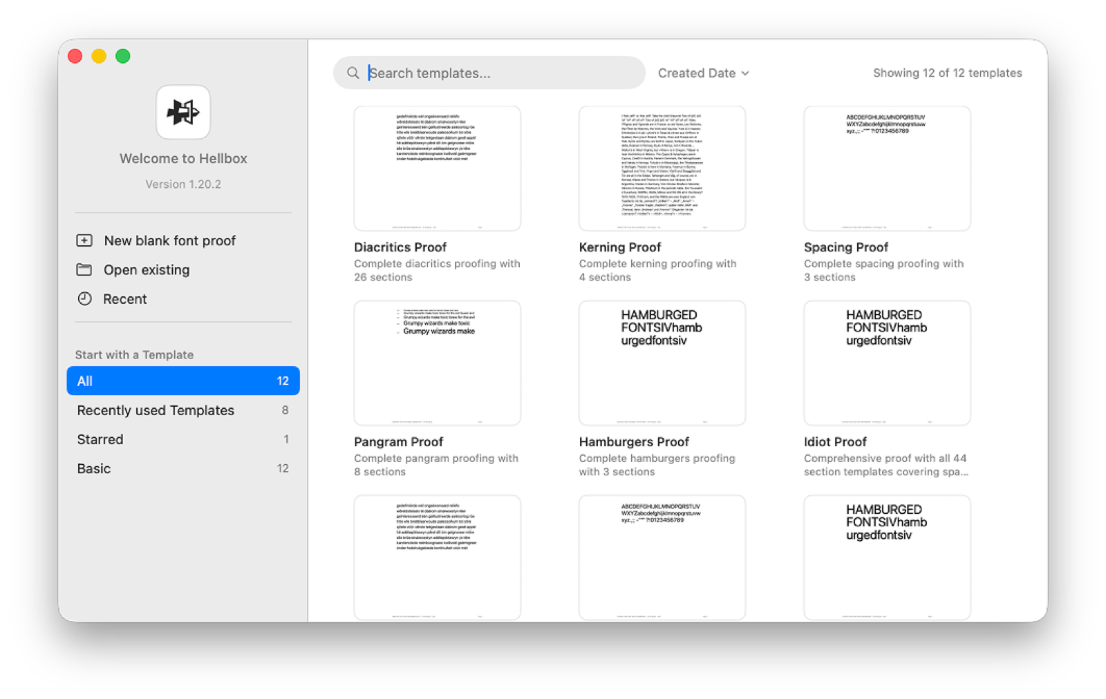 The Welcome window: start a document from a built-in proof template, with recents and starred templates