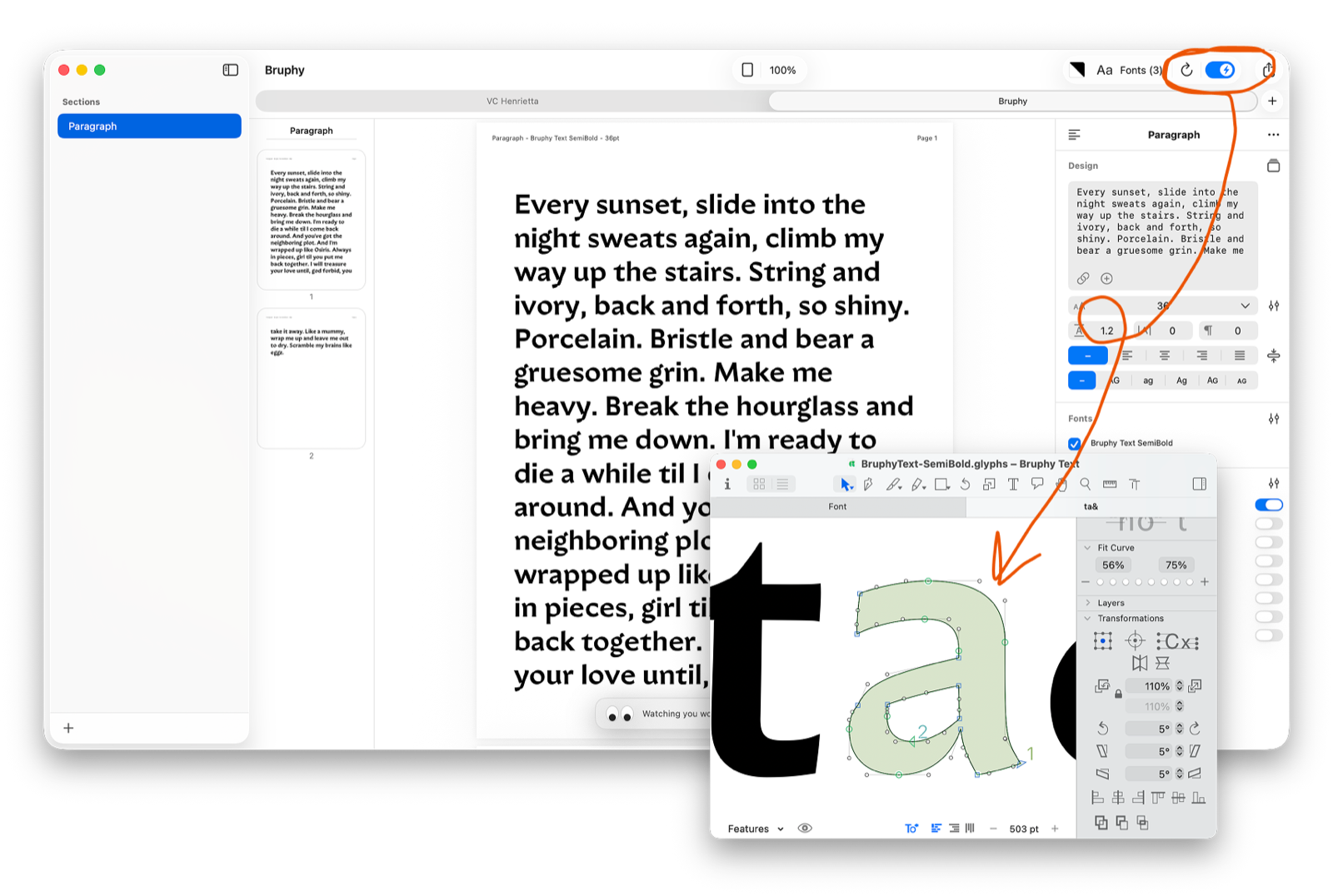 Hellbox beside a Glyphs edit window: with Live Reload (circled) enabled, edits re-render the proof within seconds