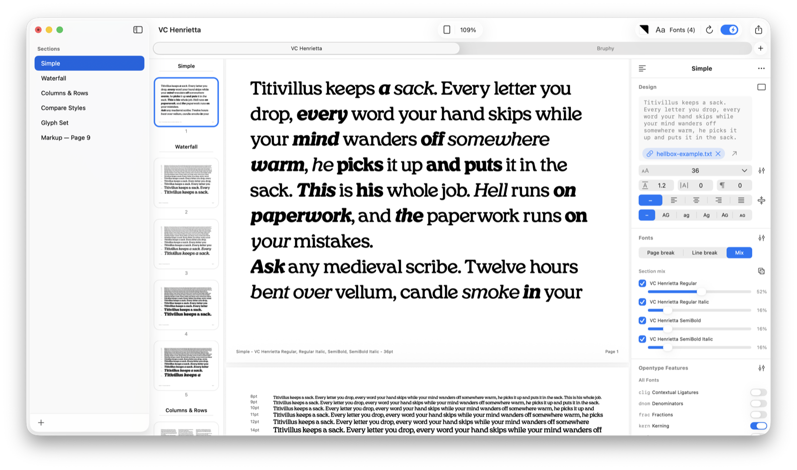 Mix mode blending VC Henrietta Regular, Italic, and SemiBold through one paragraph, with per-font mix weights in the Fonts panel