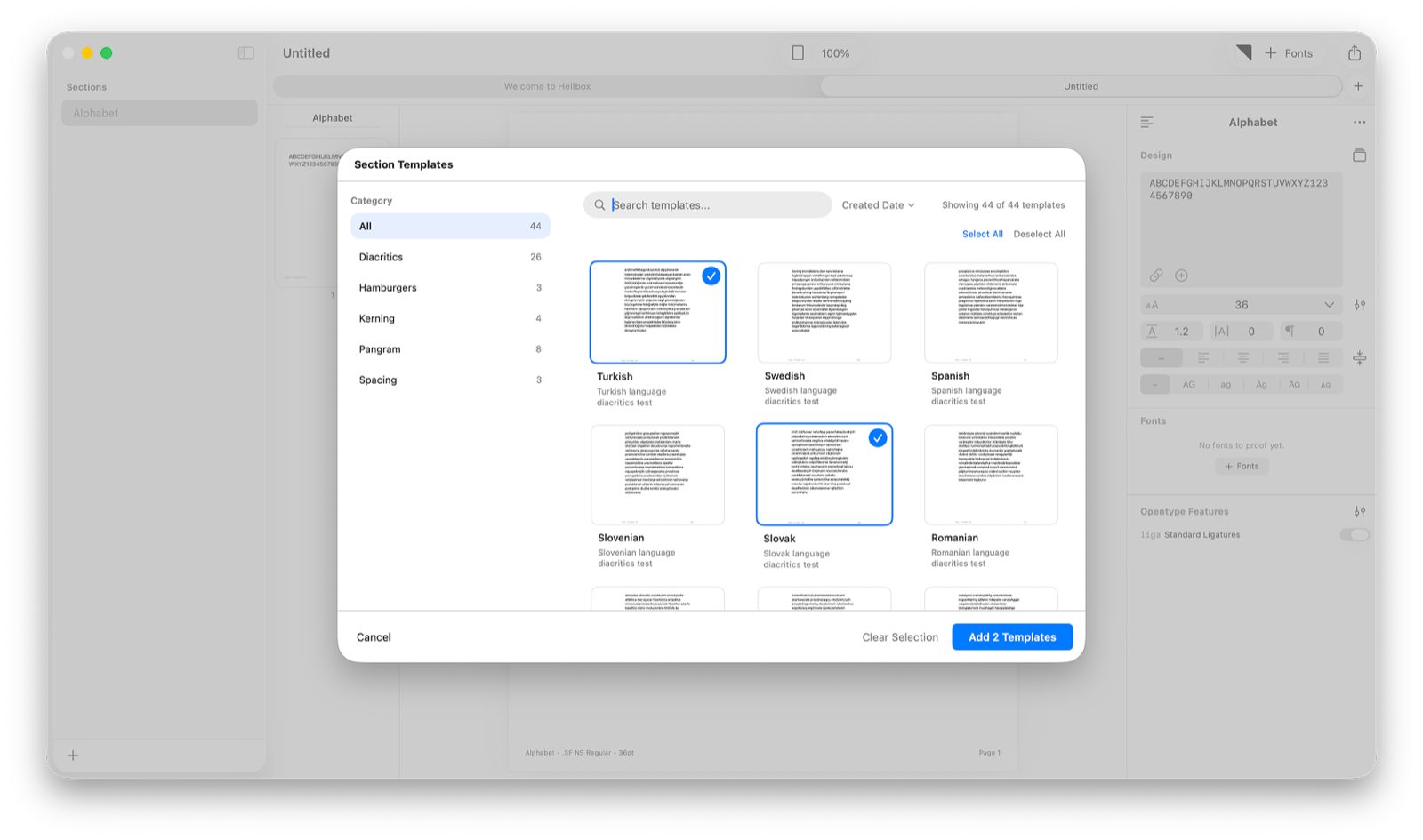 The Section Templates picker: 44 templates by category, multi-select, added to the open document