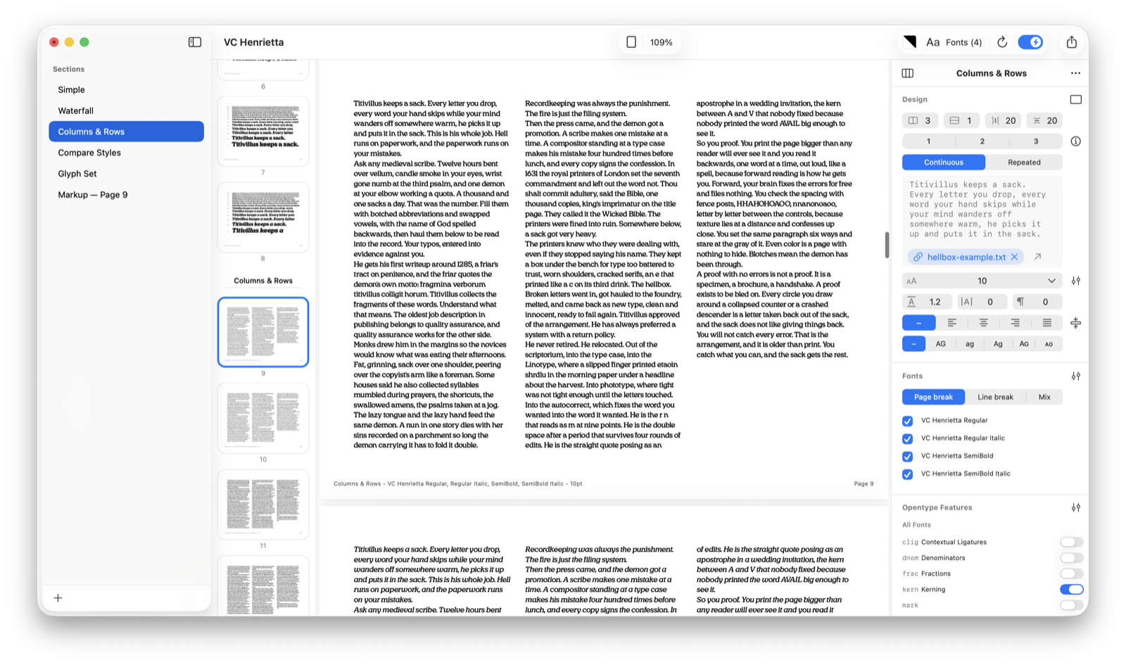 A Columns & Rows section flowing linked text across three columns