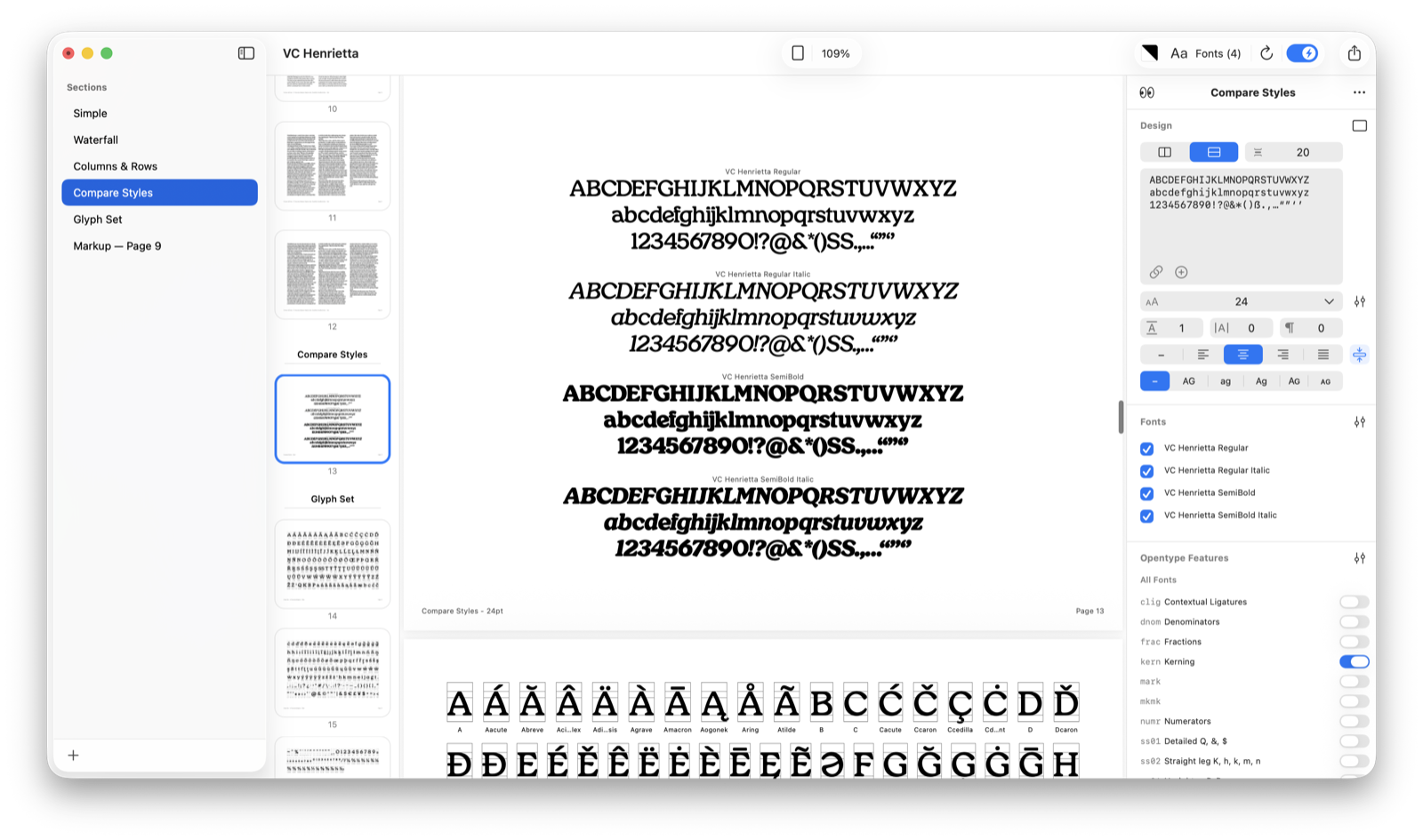 Compare Styles: the same text set side by side in every enabled style