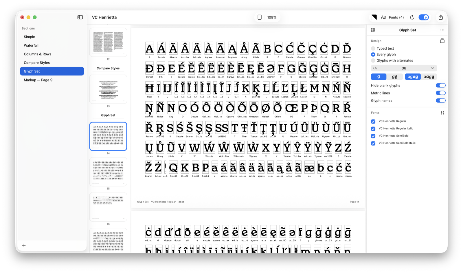 A Glyph Set section with metric lines and glyph names
