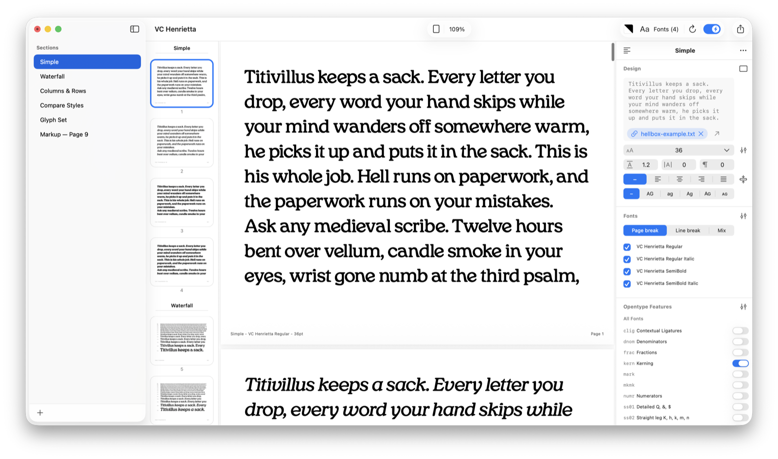 A Simple section: continuous reading text set in VC Henrietta