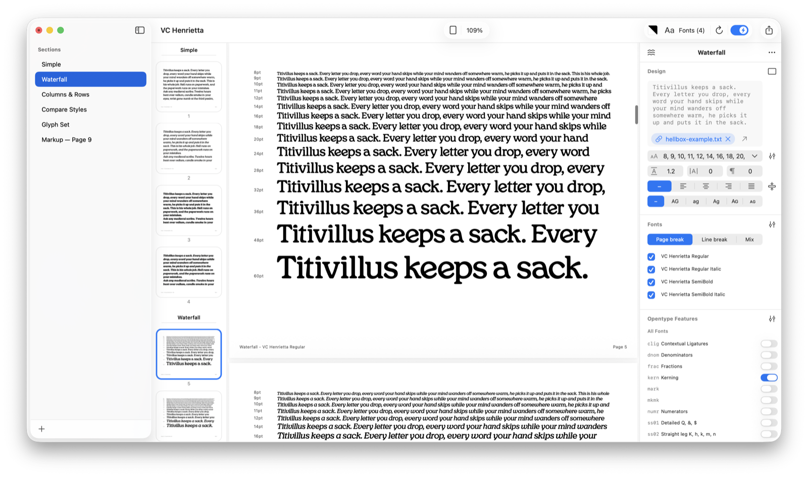 A Waterfall section stepping the same text through the size ramp