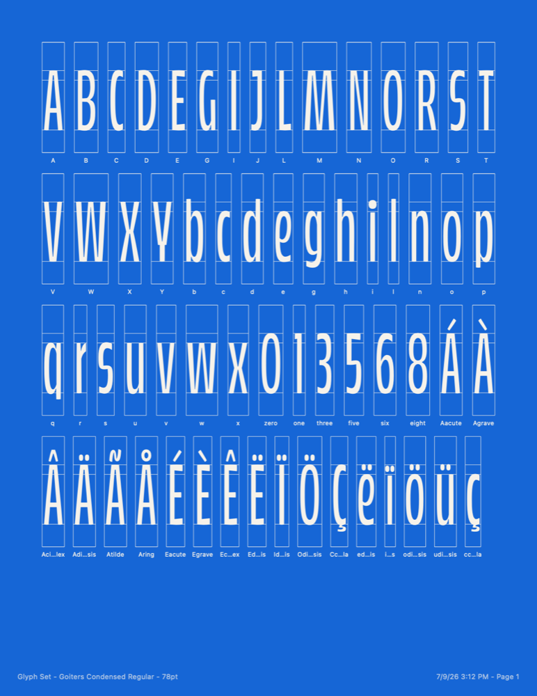 Goiters Condensed glyph set proof, rendered by Hellbox