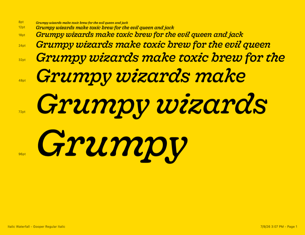 Gooper Italic waterfall proof, rendered by Hellbox