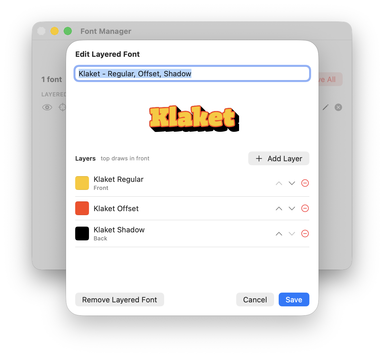 Several font files composited into one multi-color specimen in the layered font editor