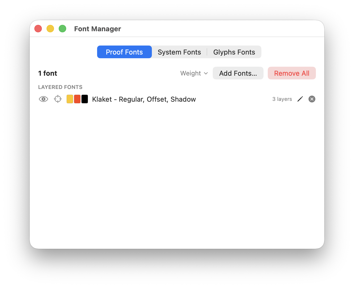 The finished layered font in the Font Manager, shown as one entry with its layer colors